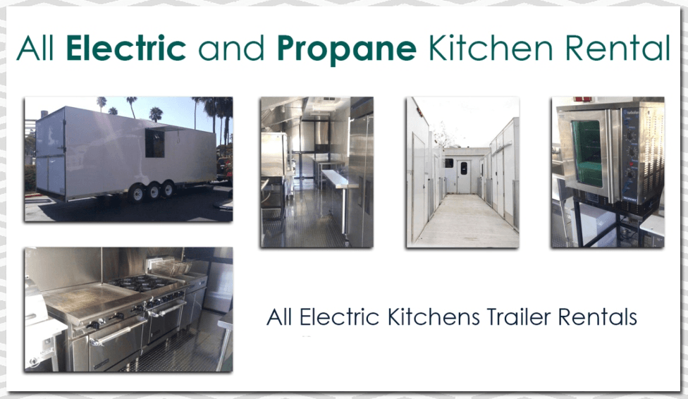 A montage of electric and propane kitchen trailer views and cooking equipment
