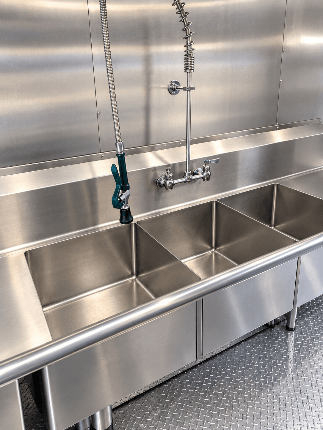Stainless compartment sinks with taps and a spray hose in a kitchen trailer