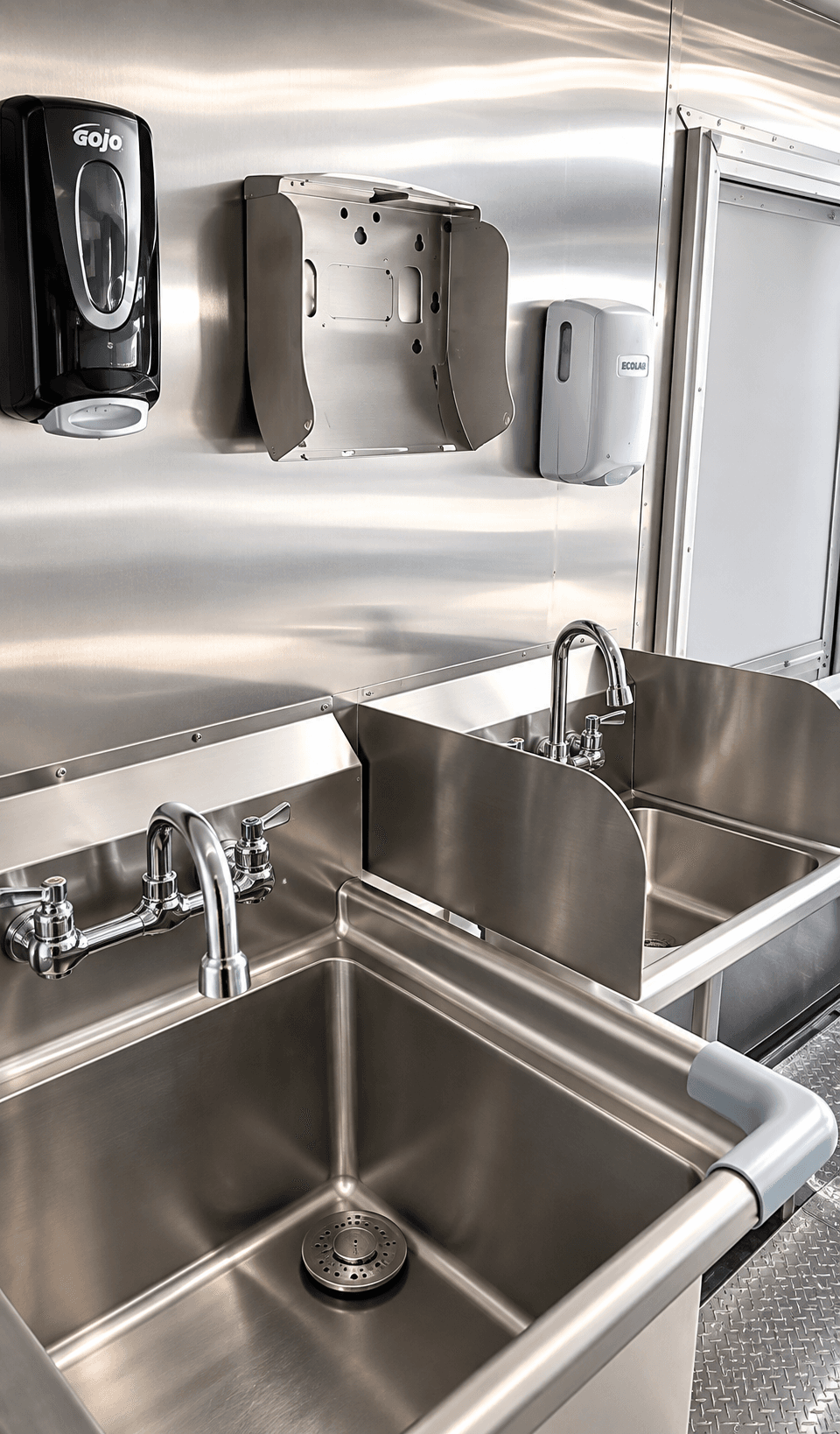 Handwashing and wash-sink area inside a commercial kitchen trailer