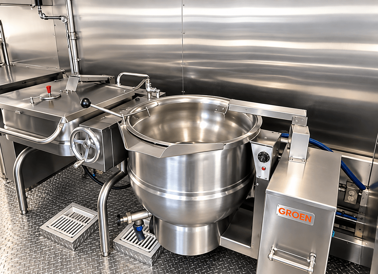 Commercial cooking kettle and tilting skillet inside a kitchen trailer