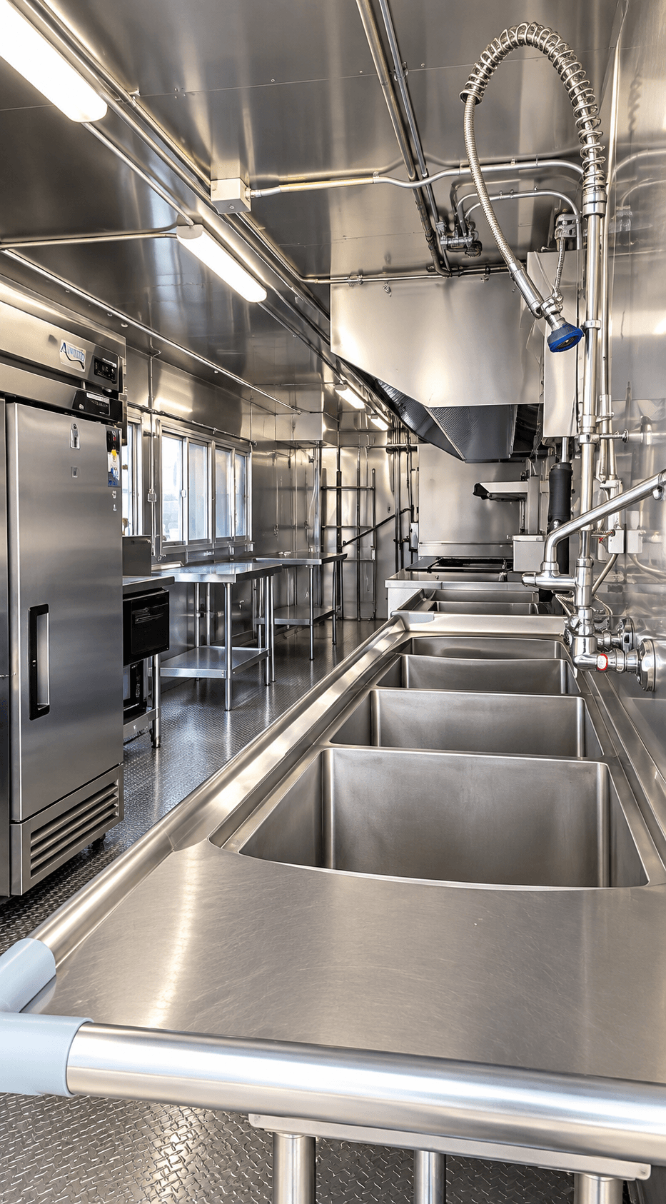 Stainless compartment sinks and a spray tap inside a commercial kitchen trailer