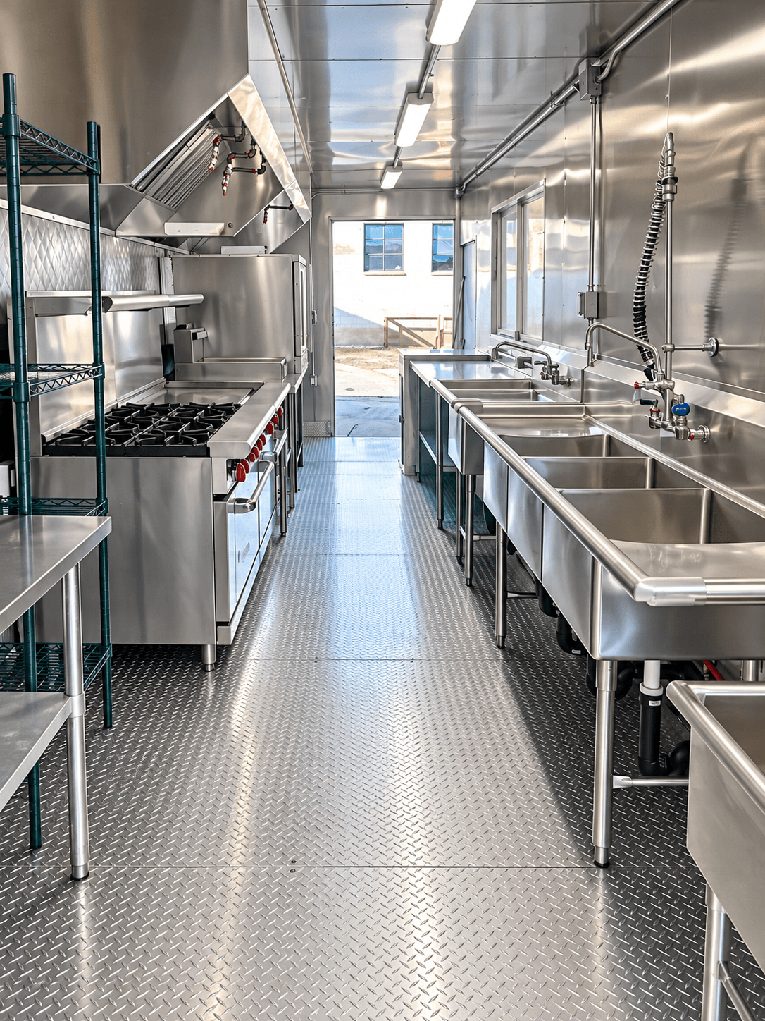 Kitchen trailer interior with cooking equipment, work surfaces and a central aisle